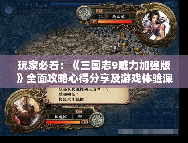 玩家必看：《三国志9威力加强版》全面攻略心得分享及游戏体验深度解析